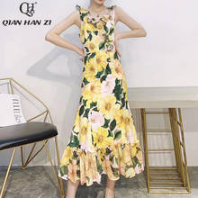 Дизайнерское модное летнее платье Qian Han Zi 2021, элегантное платье миди с V-образным вырезом, оборками и принтом камелии, платья для женщин 2024 - купить недорого