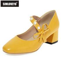 Simloveyo bombas femininas de bico quadrado, novidade 2021 cm bloco de salto pérola laço fivela doce retrô tamanho grande 32-48 data casual b2276 2024 - compre barato