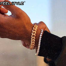 Hip Hop 1Set Miami Cuban Link Chain Full Rhinestone Bling Iced Out Men's Bracelet Pave Gold Bracelets for Men Jewelry Dropship 2024 - buy cheap