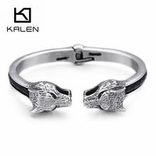 KALEN Rock Animal Viking Wolf Charm Bangle For Men Stainless Steel & Genuine Leather Vintage Open Cuff Bangle Jewelry 2024 - buy cheap