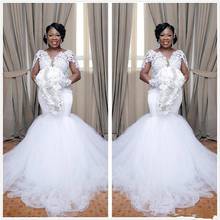 Nigeria african Mermaid Wedding Dresses Sheer Long Sleeves Tulle Lace Applique Ruched Sweep Train Wedding Bridal Gowns 2023 2024 - buy cheap