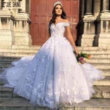 E JUE SHUNG Luxury Princess Wedding Dresses Off the Shoulder Lace Appliques Button Back Ball Gown Bridal Dresses robe de mariee 2024 - buy cheap