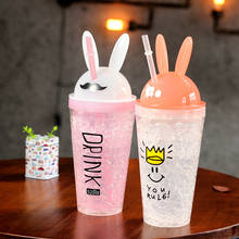 Kawaii Bunny Ear Drinking Straw Bottle Creative Cute Rabbit Ice Cup Kpop Fashion Double Straw Plastic Cartoon Mug For Girl 2024 - buy cheap