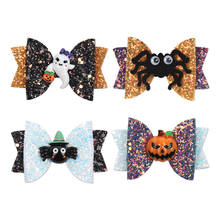 8 pcs/lot, 3 inch Halloween Glitter Hair Bow Clips, Pumpkin Spider ghost glitter bow hair clips Girls Cosplay Hair Accessories 2024 - buy cheap