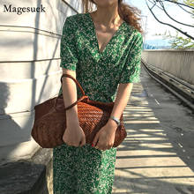 Francês chique retro elegante vestido longo verão manga curta solta verde floral vestido feminino com decote em v vestidos de cintura alta vestido 14542 2024 - compre barato
