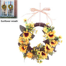 Corona de girasol Artificial de 35cm, flores de corazón redondo con hojas verdes, guirnalda de simulación para decoración del hogar, fiesta de boda 2024 - compra barato