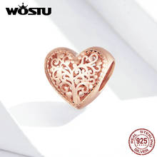 Colgante de corazón de oro rosa con diseño calado de WOSTU, colgante de cuentas de árbol de Plata de Ley 925 para Pulsera Original CTC215 2024 - compra barato