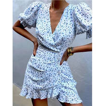 Foridol Casual Button Print Floral Dress Women Summer 2021 Blue Short Sleeve Dress V Neck Beach Boho Dress Robe Vestidos 2024 - buy cheap