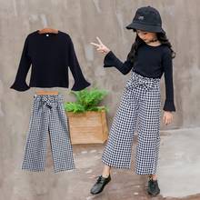 2021 Kids Girls Clothes Sets Long Sleeve T-shirts + Plaid Wide Leg Pants Autumn Children's Clothing Teenage for 7 8 10 12 Years 2024 - buy cheap