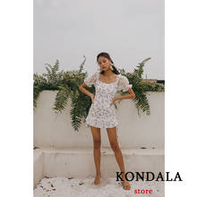 Kondala vestido de verão za 2021 dobras guarnição floral impresso em rede fio cintura fina mini vestidos vintage femininos 2024 - compre barato