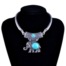 Trendy Silver Plated Alloy Elephant Shape Green Turquoises Stone Pendant Link Chain Necklace Animal Jewelry 2024 - buy cheap