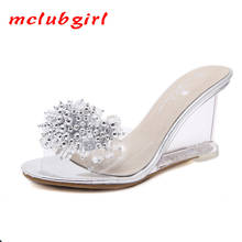 Mclubgirl Shoes Women Heels 8CM Wedge Heel Sandals Shoes Women's Sandals Transparent Crystal Women Slippers Sandals Rhinestone 2024 - buy cheap