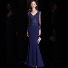 Royal Blue Satin Evening Dresses V Neck Long Sleeves Burgundy Green Beaded Applique Mermaid Wedding Formal Party Prom Gowns 2021 2024 - buy cheap