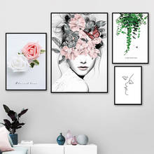 Moderna de la flor de Hoja chica Rose cuadro sobre lienzo para pared cotizaciones carteles y las huellas de la línea dibujo para pared fotos para decoración para sala de estar 2024 - compra barato