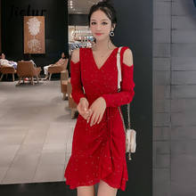 Jielur-novo vestido feminino com lantejoulas, vestido de malha vermelha e preta, decote em v, moda outono, sexy 2024 - compre barato