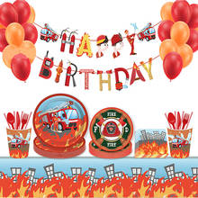 Juego de vajilla para fiesta de camión de bomberos, decoración de cumpleaños, platos para niños, tazas, Pancarta, globos, bombero, suministros de decoración de feliz cumpleaños 2024 - compra barato