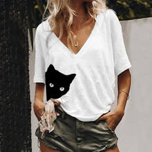 Женская свободная футболка с v-образным вырезом и принтом кошки, летняя футболка с коротким рукавом, топы, Повседневная белая футболка, женская футболка, топ, топы, Новинка 2024 - купить недорого