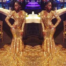 Sparkly Gold Sequins Prom Dress 2021 V Neck Long Sleeves African Mermaid Black Girl Evening Dress Sexy Evening Party Gowns 2024 - buy cheap