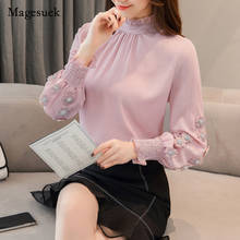 2021 nova chegada das mulheres topos e blusas suporte de manga longa chiffon blusa rosa feminino roupas soltas escritório 6939 50 2024 - compre barato