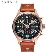 Модные мужские часы Parnis, 43 мм, розовое золото, корпус, японский кварц, оранжевый номер, мужские наручные часы, черные кожаные мужские часы, подарочные часы 2024 - купить недорого