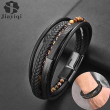 Jiayiqi pulseira de couro masculina, com pedras naturais, com fechos magnéticos de aço inoxidável, jóias para homens 2024 - compre barato