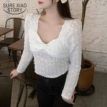 Camisa curta de chiffon feminina, camisa branca e coreana de manga longa com gola quadrada, francesa e elegante, para primavera 13301 2024 - compre barato