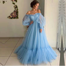 Sky Blue Muslim Evening Dresses A-line Tulle Long Sleeves Backless Islamic Dubai Saudi Arabic Long Prom Evening Gown 2024 - buy cheap