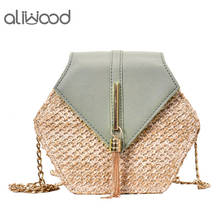 Aliwood-bolsa de praia feminina de palha, estilo boêmio, com corrente, de ombro, couro, rattan, com borla de metal, transversal do corpo 2024 - compre barato