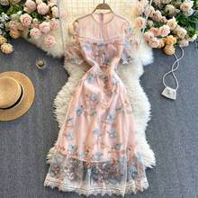 Женское Сетчатое платье с цветочной вышивкой, модельное элегантное платье с круглым вырезом Вечерние, брендовые Дизайнерские летние платья 2024 - купить недорого
