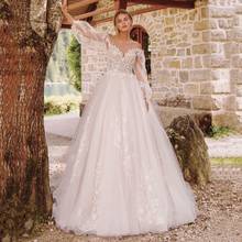Thinyfull Elegant Long Puffy Sleeve Wedding Dresses O Neck A Line Bride Dresses Tulle Button Lace Appliques Bridal Gown 2020 2024 - buy cheap