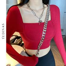 Yedinas Long Sleeve Knitted Square Collar Sexy Crop Top Women Fashion Streetwear Tshirts Bandage White Tees Knitted T-shirt 2021 2024 - buy cheap