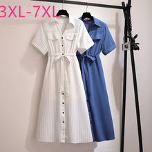 New summer plus size shirt dress for women large short sleeve loose blue white stripe V-neck belt long dress 3XL 4XL 5XL 6XL 7XL 2024 - buy cheap