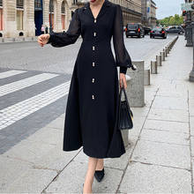 Vestido largo de gasa con botones y perlas para mujer, prenda elegante de manga larga con cuello de pico para fiesta, otoño e invierno, 2019 2024 - compra barato