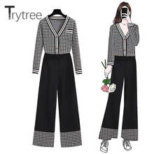 Trytree 2020 Autumn Winter two piece Women Sets Casual Plaid Cardigan + Pants Wide Legs Office Lady Knitted Suit 2 Piece Set 2024 - buy cheap