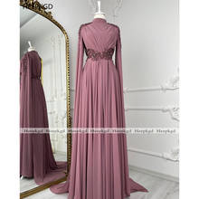 Exquisite Beads 2021 Arabic Muslim Evening Dress Long Sleeves A Line Chiffon Dusty Rose Women Formal Gowns For Party 2024 - buy cheap