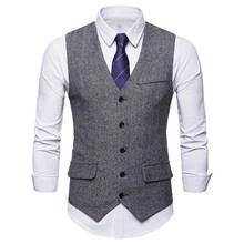 Men Sleeveless V Neck Single-breasted Herringbone Gilet Business Suit Waistcoat 2024 - buy cheap