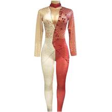 Novo macacão feminino com costura brilhante, vermelho e branco, com strass, para cantoras, dançarinas, palcos, bodysuit, festa e boate 2024 - compre barato