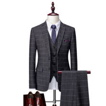 (Jackets+Vest+Pants)2021 Male high-grade pure cotton business Blazers /Men's slim fit plaid casual three-piece suit Man clothing 2024 - buy cheap