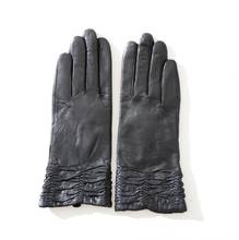 Women's genuine leather black glove lady's fleece lining warm natural goat leather fashion slim medium long driving glove R2477 2024 - buy cheap