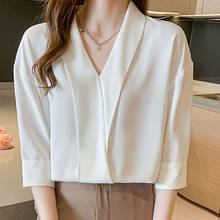 Blusa feminina com gola v para verão, camisa de chiffon de cinco manga, moda feminina, top preto, blusas brancas, gola em v, 2021 2024 - compre barato