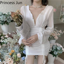 Sexy Summer White Pink Mini Sexy Dress Deep V Neck Pleated Slim Drawstring Hot Dress Long Sleeve Slim Pencil Club Party Dress 2024 - buy cheap