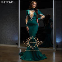 New Design Green Arabic Long Sleeve Evening Dress With Silver Crystal Cut-Out Satin Mermaid Sexy Women Prom Gown Plus Size Dress 2024 - buy cheap