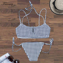 Fanceey-conjunto de biquíni xadrez sexy, maiô para mulheres, traje de banho, roupa para nadar, praia, verão, 2021 2024 - compre barato