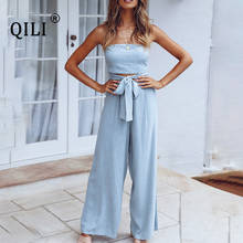 QILI Women Strapless Sleeveless Wide Leg Jumpsuits Sexy Hollow Out Sky Blue Casual Overslls Romper Bandage Jumpsuits 2024 - buy cheap