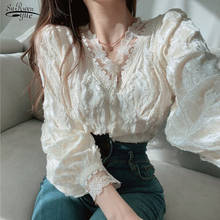 Blusa feminina de manga longa com botão e decote em v, camisa elegante para mulheres, estilo coreano e chique, primavera 13334 2024 - compre barato