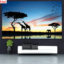 Pintura de diamantes 5d diy, cuadro de jirafa, elefante africano, lago, puesta de sol, paisaje, punto de cruz, mosaico bordado 2024 - compra barato