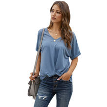 2020 Fashion Contrast Color V Neck Blouse Women T Shirt Summer Casual  Ladies Gray Plain Short Sleeve Twist Tee T-shirt 2024 - buy cheap