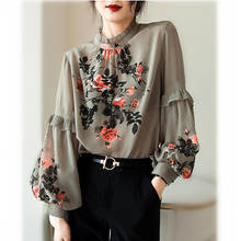 Women Vintage Retro Floral Printed Lantern Sleeve Blouses Woman Pullovers Shirts Elegant Office Ladies Shirts Women Tops SY102 2024 - buy cheap