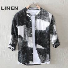 High Quality Casual Summer New Men's Shirts Linen Three-Quarter Sleeve Men Shirt  Stand-Up Collar Printed Shirt for Men 2024 - buy cheap