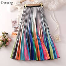 Women's Gradient Rainbow Print Skirt Ladies Fashion High Waist Pleated Satin Midi Skirts Faldas Saias Faldas Spring Autumn SK492 2024 - buy cheap